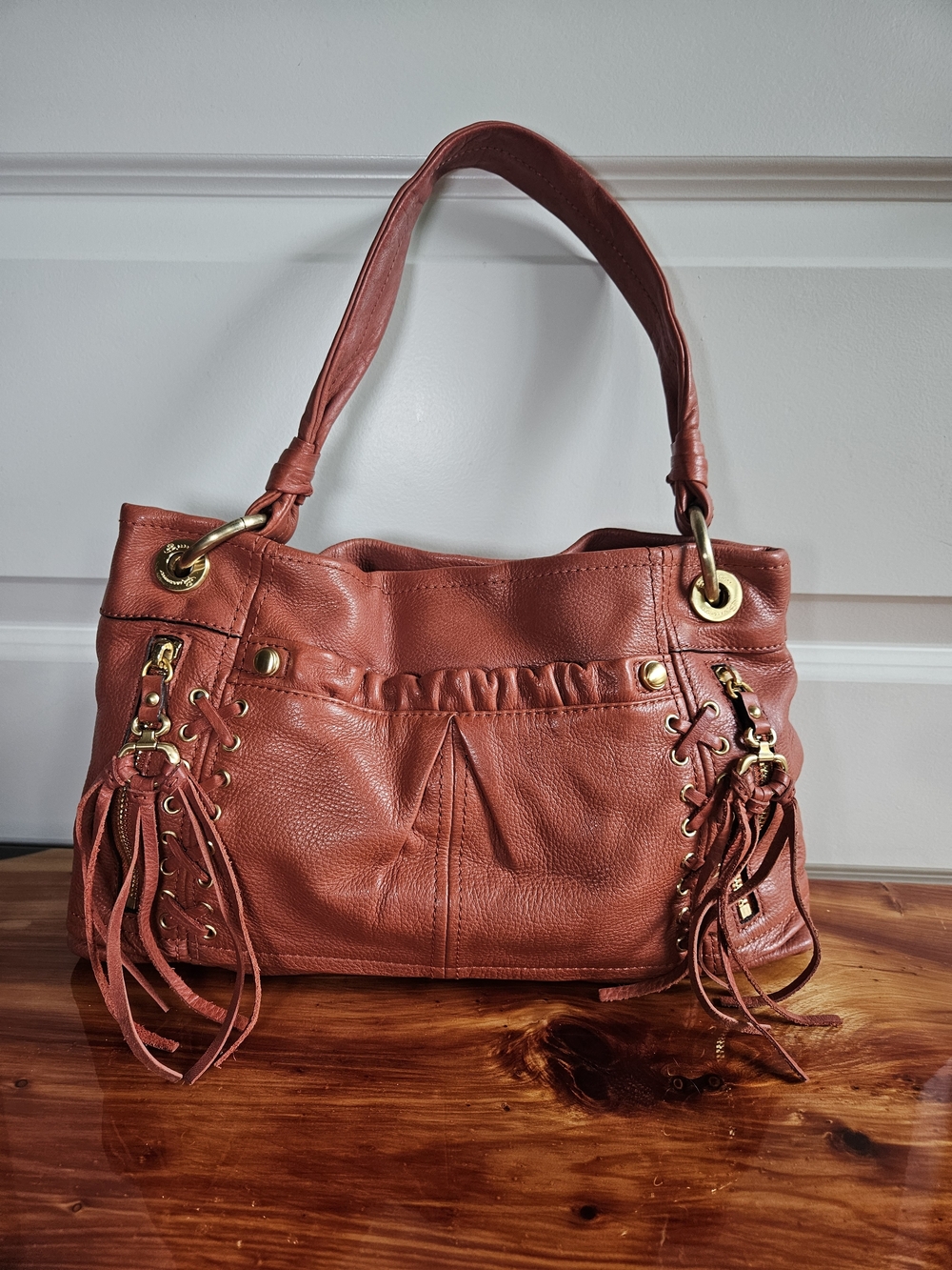 Makowsky Coral Pebbled Leather Fringe Tote Shoulder Bag Gold Hardware